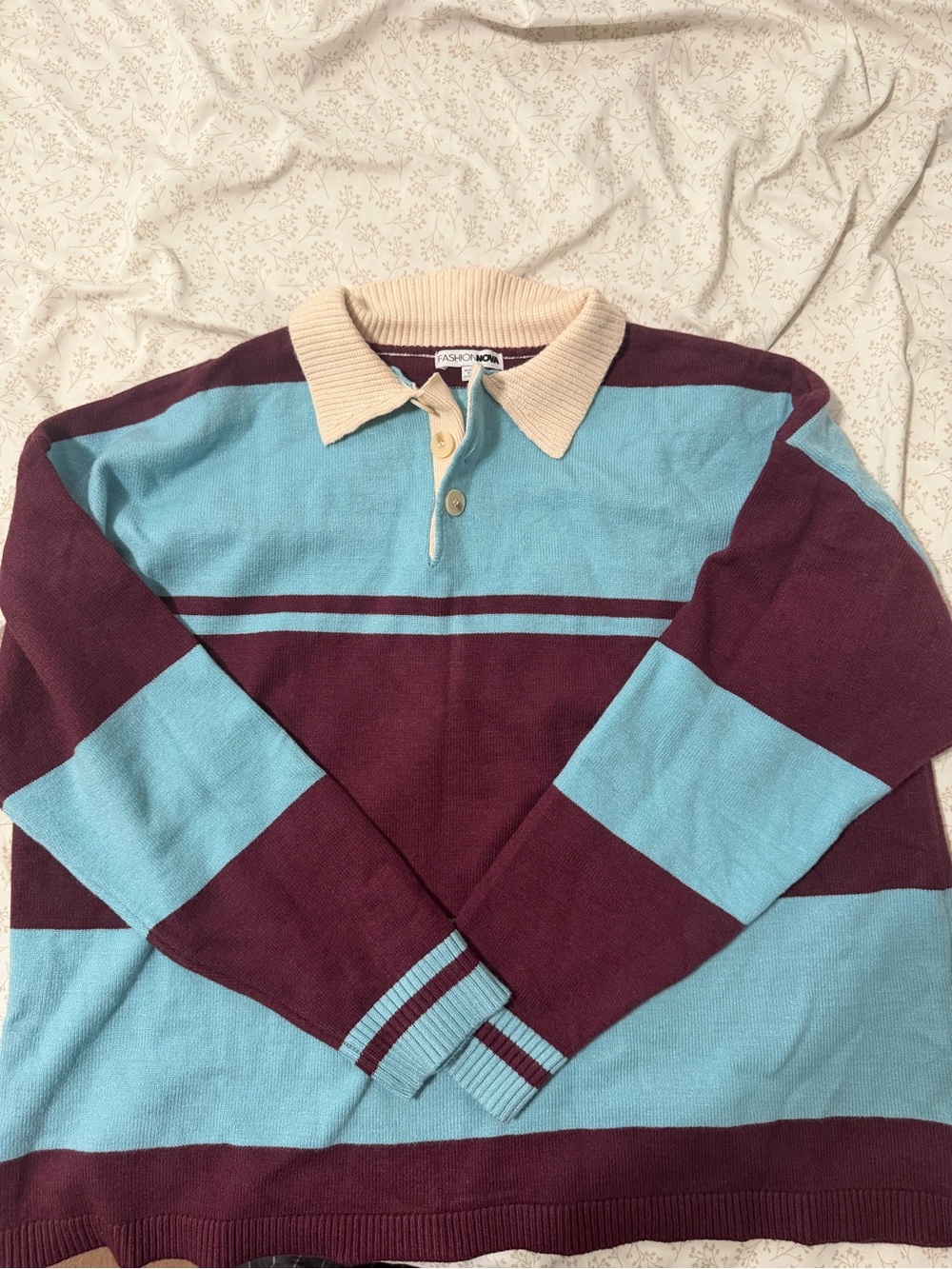 blue and burgundy striped polo sweater